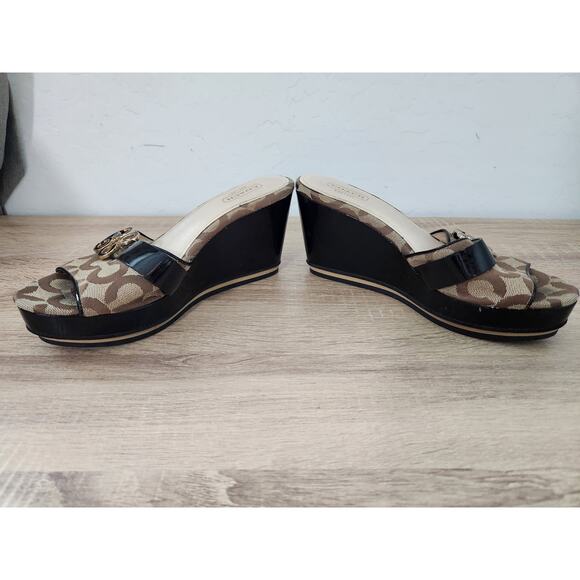 Coach Geri Brown Canvas Patent Leather Wedge 3.5" Heel Sandals Women Size 6.5 B - Picture 8 of 13